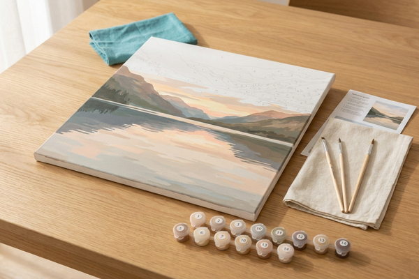 Paint by numbers kit in progress on a wooden table with numbered acrylic paint pots, brushes and a partly painted lake-and-mountain canvas