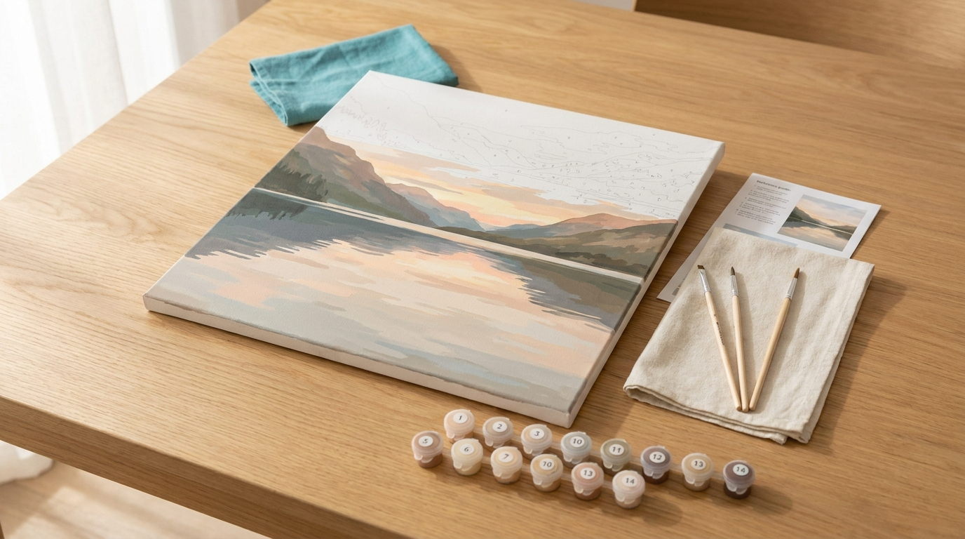Paint by numbers kit in progress on a wooden table with numbered acrylic paint pots, brushes and a partly painted lake-and-mountain canvas