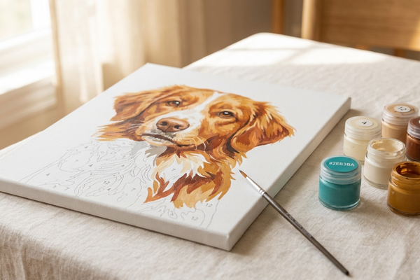 A partially painted paint by numbers canvas showing a dog portrait, with numbered paint pots and a fine brush resting alongside it on a linen surface