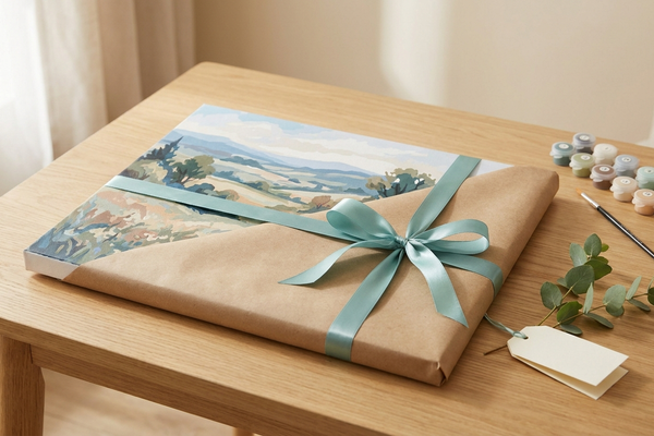 A finished landscape paint by numbers canvas partly wrapped as a gift with a teal ribbon, beside numbered paint pots, a brush and a sprig of eucalyptus on a light wooden table