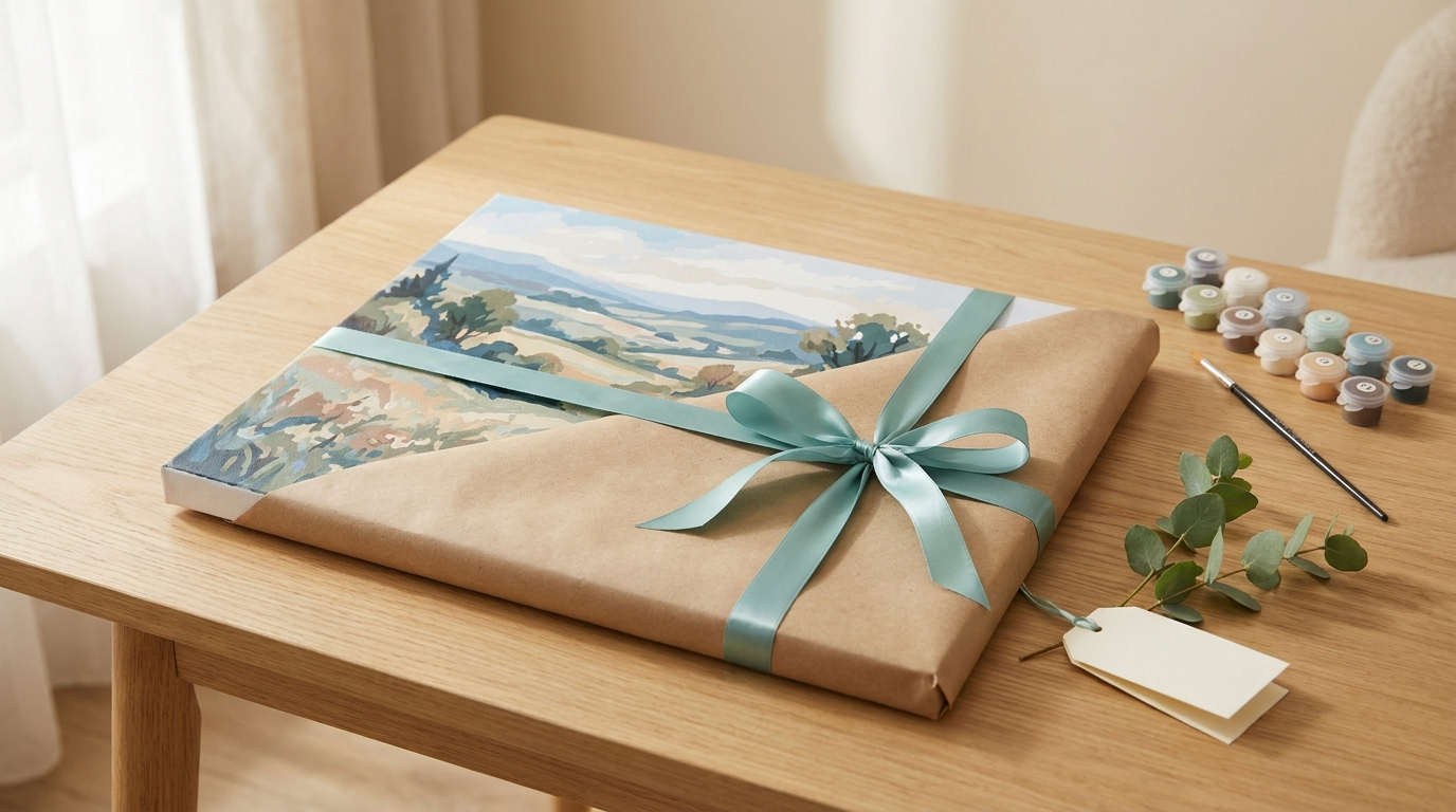 A finished landscape paint by numbers canvas partly wrapped as a gift with a teal ribbon, beside numbered paint pots, a brush and a sprig of eucalyptus on a light wooden table