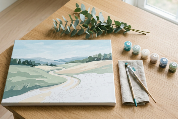 A calm paint by numbers landscape canvas of soft green hills on a wooden table with brushes, teal paint pots and a eucalyptus sprig, illustrating a relaxing painting setup