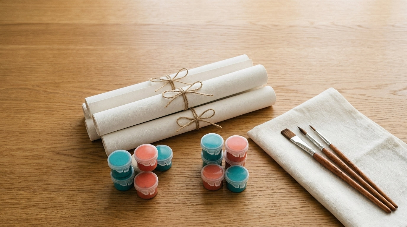 Three rolled blank paint by numbers canvases tied with twine beside teal and coral acrylic paint pots and three wooden brushes on a warm oak table