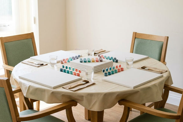 A care home activity table laid out for a group paint by numbers session: four blank canvas boards, sets of teal and coral acrylic paint pots, chunky-handled brushes and water glasses on a wipeable cream cloth in bright daylight