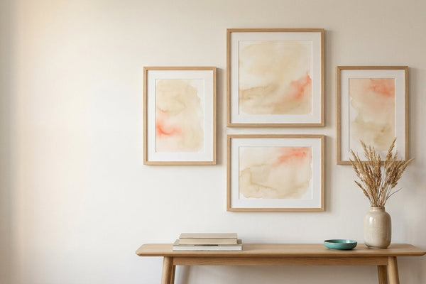 Gallery wall of four light oak frames holding soft abstract watercolour washes above an oak console table with dried grasses and a teal ceramic dish