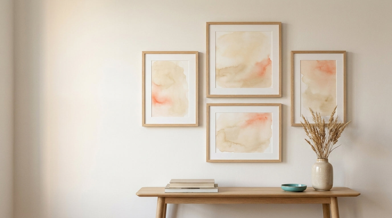 Gallery wall of four light oak frames holding soft abstract watercolour washes above an oak console table with dried grasses and a teal ceramic dish