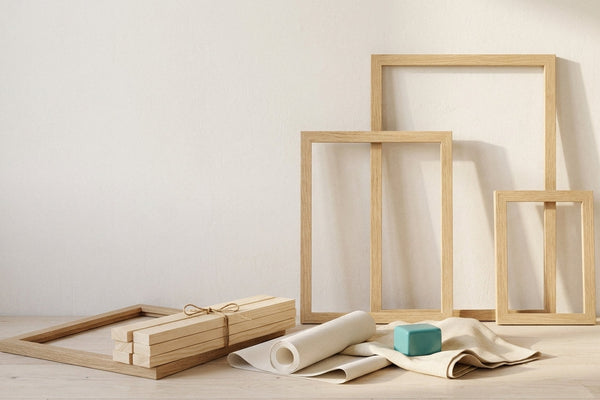 Three empty light oak picture frames leaning against a cream wall with a bundle of wooden stretcher bars and a rolled blank canvas on pale floorboards