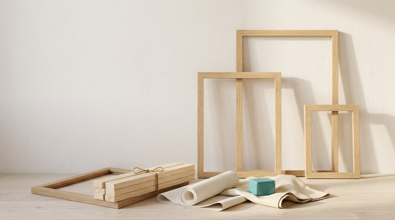 Three empty light oak picture frames leaning against a cream wall with a bundle of wooden stretcher bars and a rolled blank canvas on pale floorboards