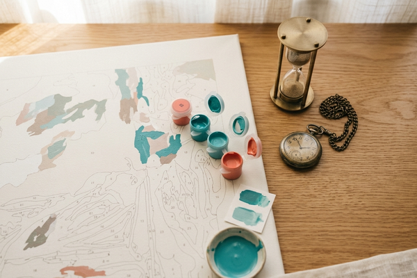 Overhead flat-lay of a partially completed paint by numbers canvas with teal and coral paint pots, a brass hourglass, and a vintage pocket watch on a warm wood desk
