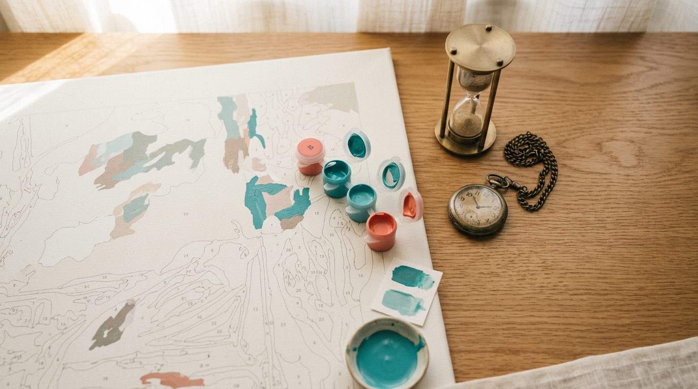 Overhead flat-lay of a partially completed paint by numbers canvas with teal and coral paint pots, a brass hourglass, and a vintage pocket watch on a warm wood desk
