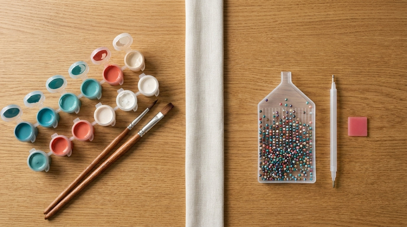 Overhead split comparison: acrylic paint pots and brushes on the left, a tray of coloured diamond painting drills with applicator pen and wax on the right