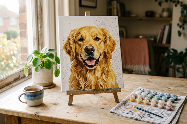 Custom paint by numbers kit of a golden retriever from a photo, on a wooden easel beside numbered paint pots in a sunny room