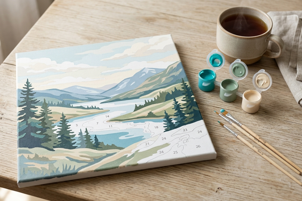A partly finished paint by numbers landscape canvas on a wooden table with brushes, teal and green paint pots and a cup of tea in calm evening light