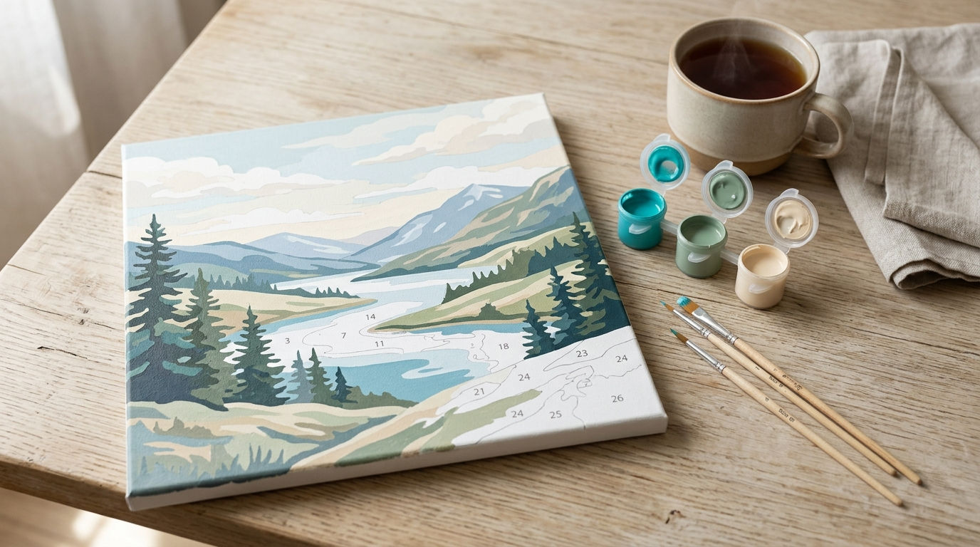 A partly finished paint by numbers landscape canvas on a wooden table with brushes, teal and green paint pots and a cup of tea in calm evening light
