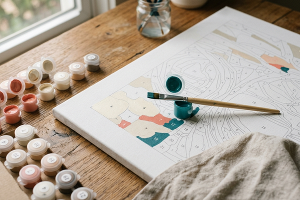 A paint by numbers canvas mid-progress on a wooden desk with a paintbrush resting in a teal paint pot, numbered paint pots and natural window light, evoking a calm, focused painting session