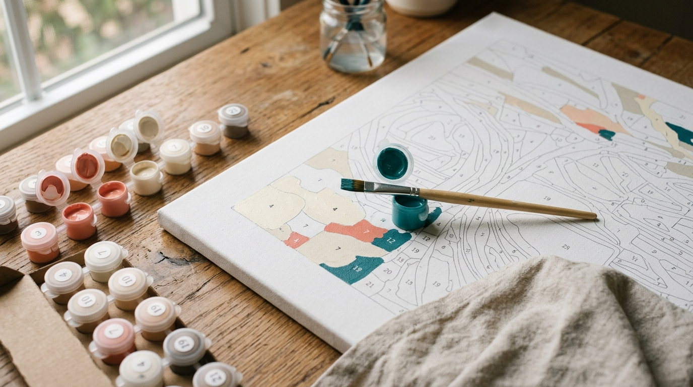 A paint by numbers canvas mid-progress on a wooden desk with a paintbrush resting in a teal paint pot, numbered paint pots and natural window light, evoking a calm, focused painting session