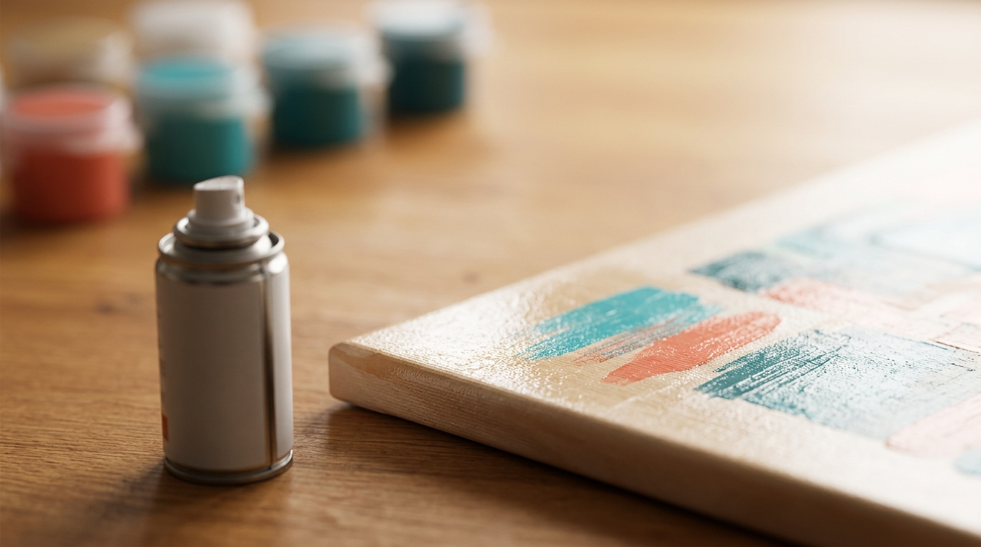 Close-up still life of a varnish spray can beside the glossy, freshly sealed corner of a paint by numbers canvas with abstract teal and coral paint blocks