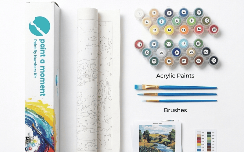 Paint by numbers kit contents — pre-printed canvas, numbered acrylic paints, 3 brushes, and reference guide included