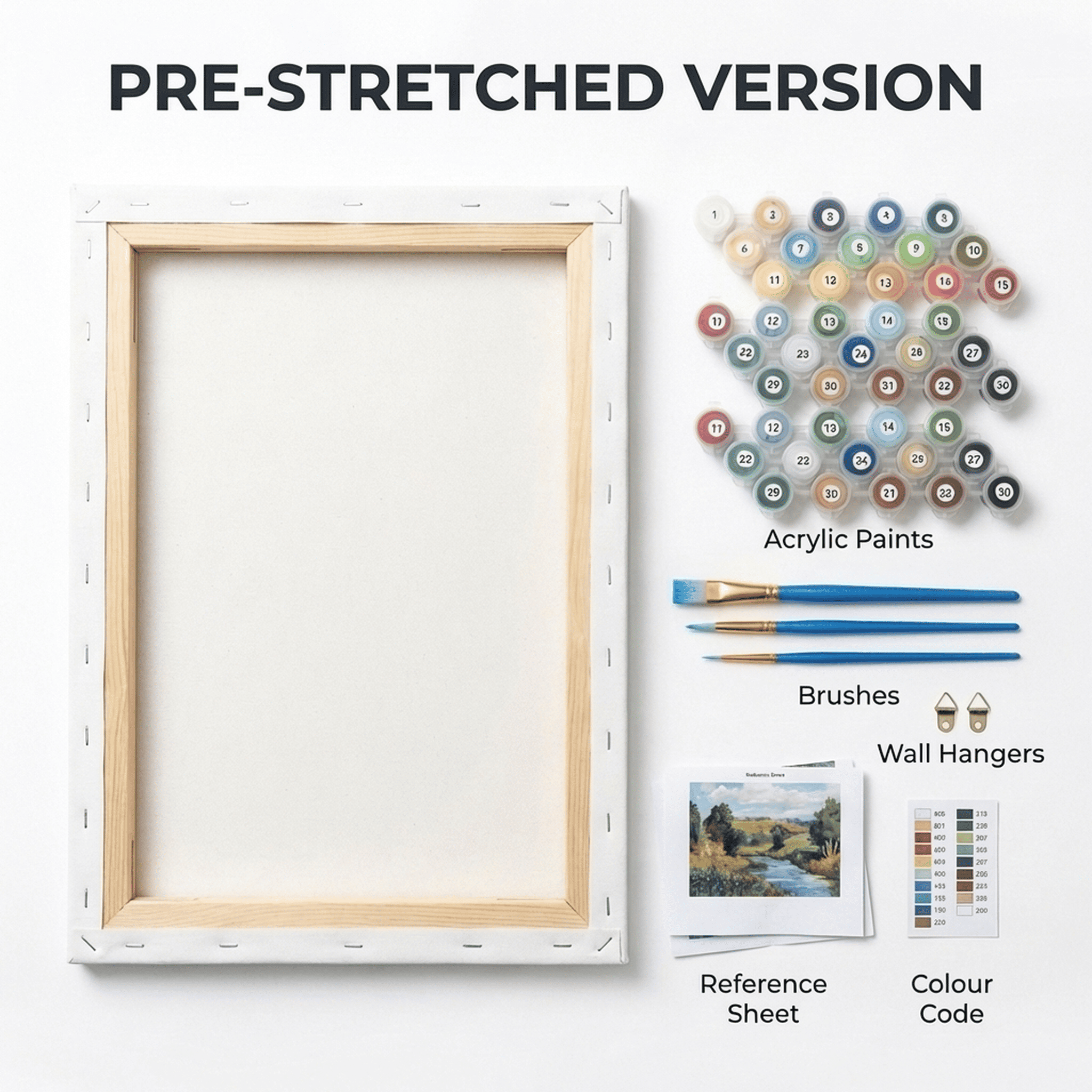 Pre-stretched canvas option — paint by numbers kit arrives ready to paint on a wooden frame