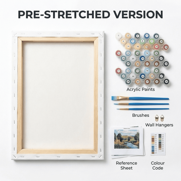 Pre-stretched canvas option — paint by numbers kit arrives ready to paint on a wooden frame