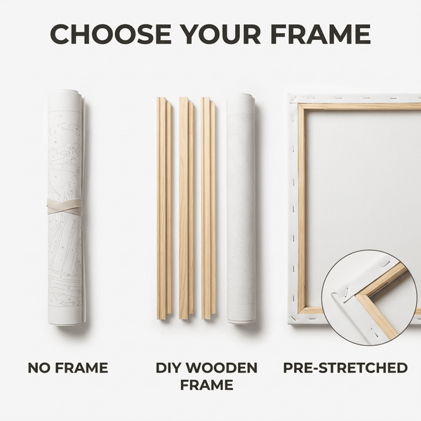 Paint by numbers frame options — choose no frame (rolled), DIY frame kit, or pre-stretched on frame