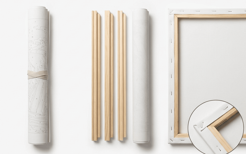 Paint by numbers frame options — choose no frame (rolled), DIY frame kit, or pre-stretched on frame