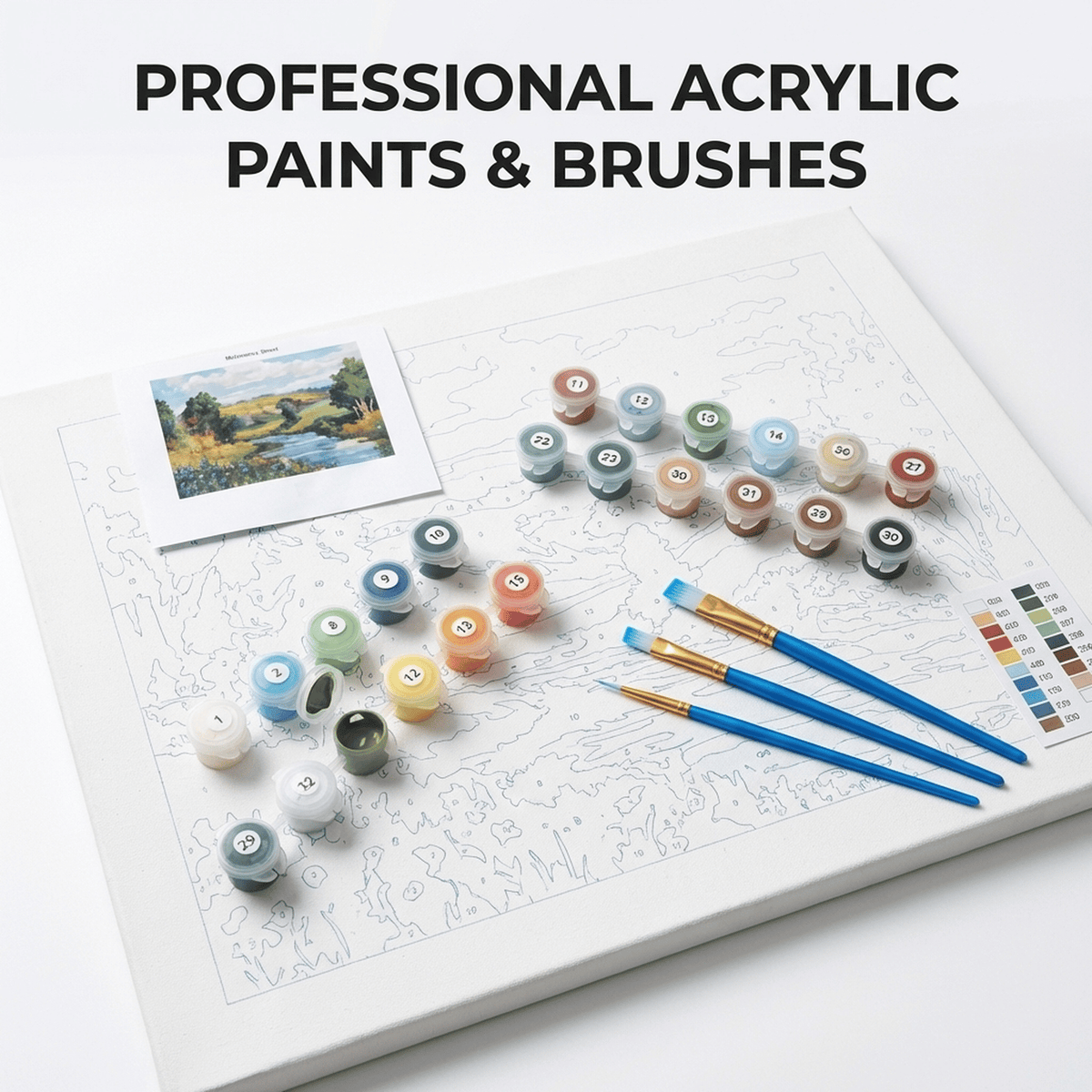 Paint by numbers kit supplies flatlay — acrylic paint pots, brushes, and numbered canvas styled