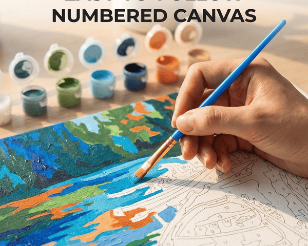 Close-up of paint by numbers canvas detail — numbered sections and pre-printed design