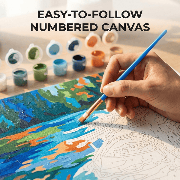 Close-up of paint by numbers canvas detail — numbered sections and pre-printed design