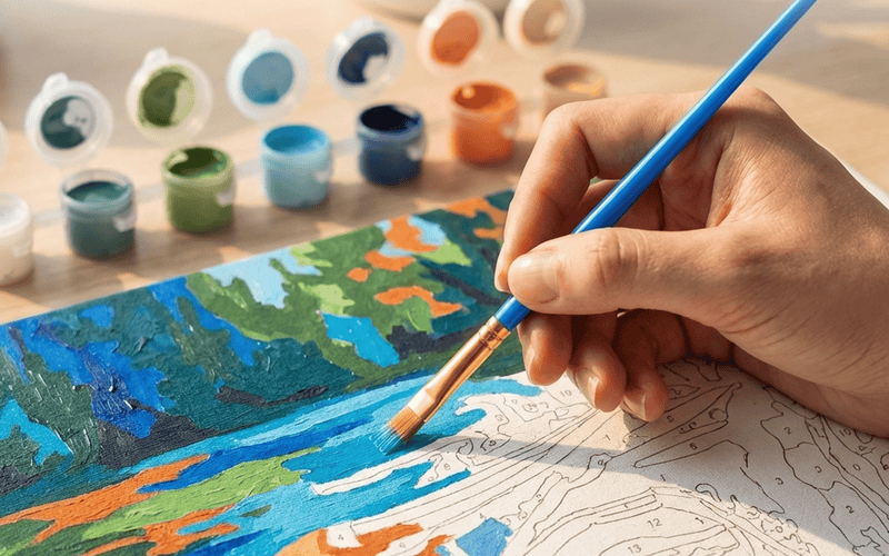 Close-up of paint by numbers canvas detail — numbered sections and pre-printed design