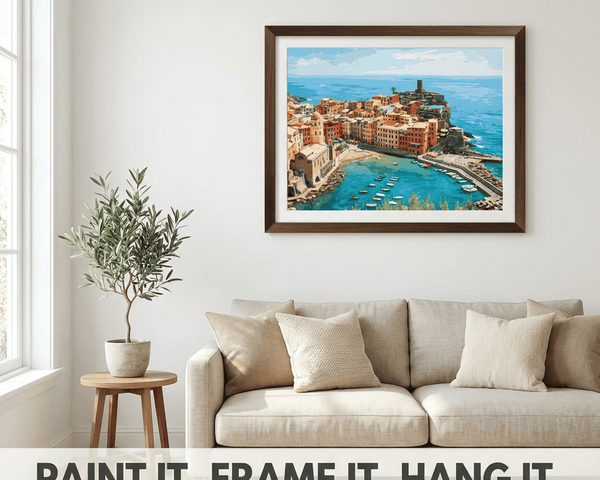Finished paint by numbers kit displayed on wall — completed canvas artwork in a home setting