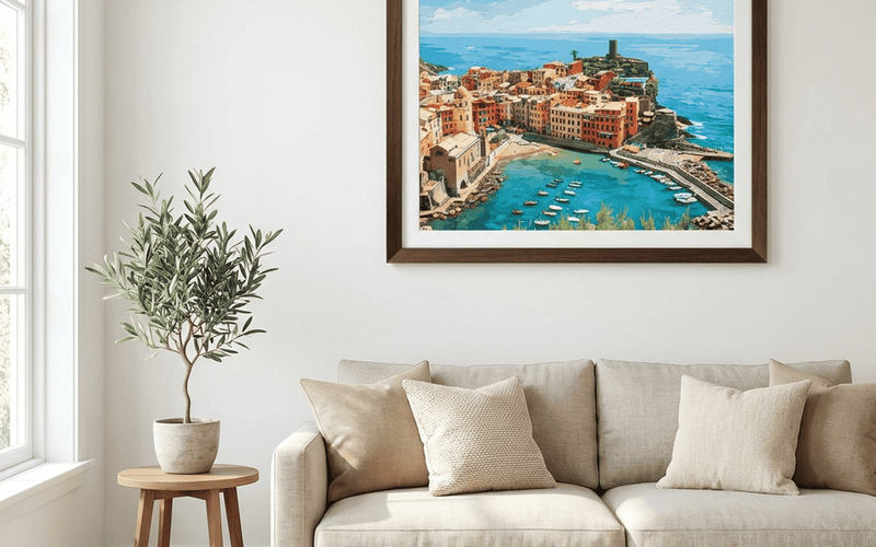 Finished paint by numbers kit displayed on wall — completed canvas artwork in a home setting