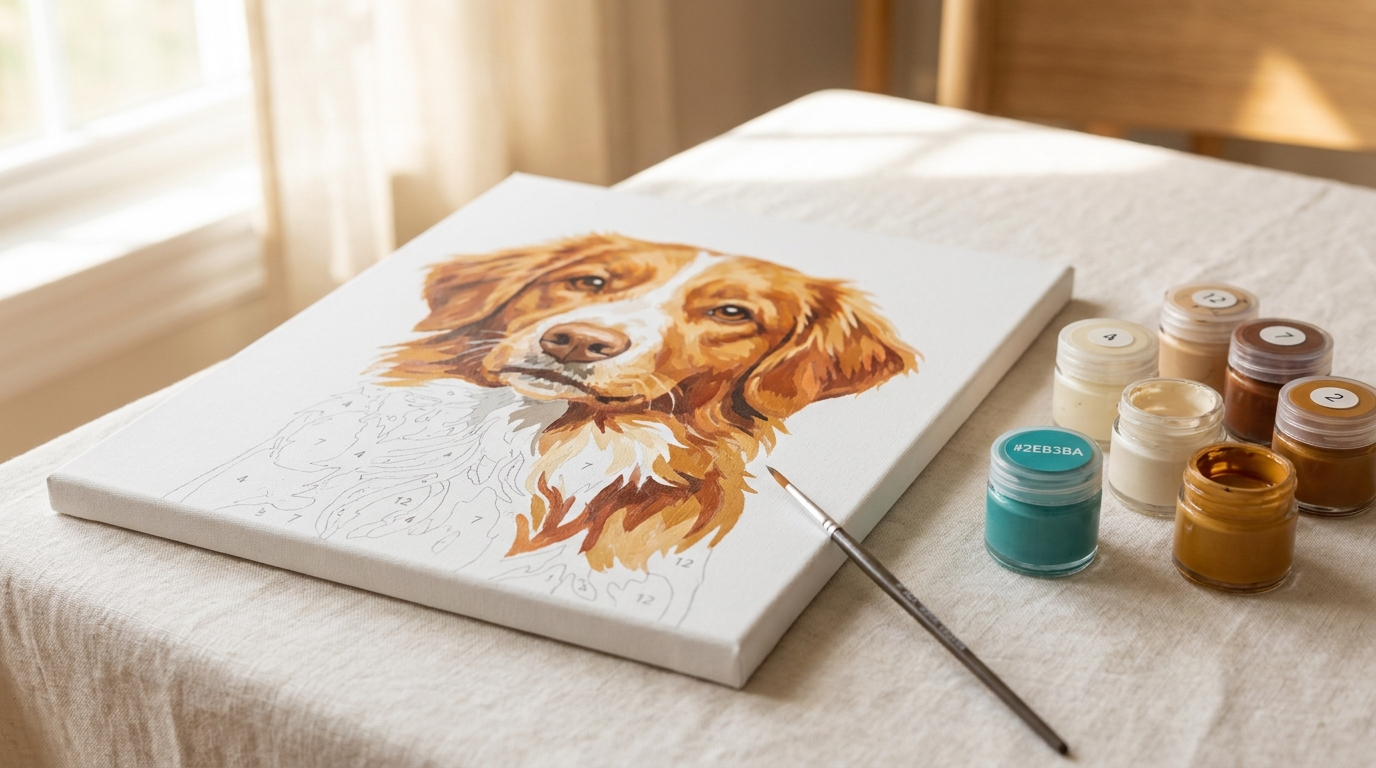 A partially painted paint by numbers canvas showing a dog portrait, with numbered paint pots and a fine brush resting alongside it on a linen surface
