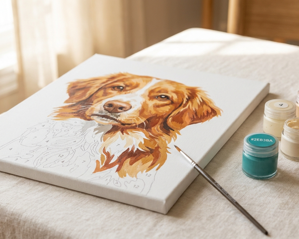 A partially painted paint by numbers canvas showing a dog portrait, with numbered paint pots and a fine brush resting alongside it on a linen surface