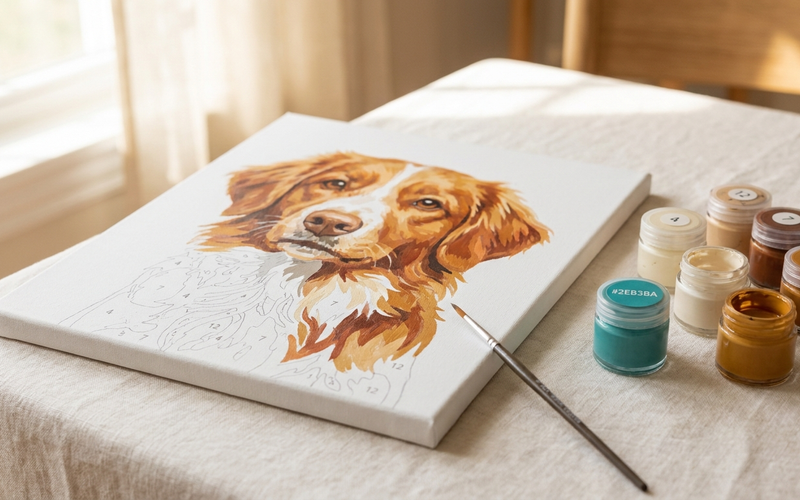 A partially painted paint by numbers canvas showing a dog portrait, with numbered paint pots and a fine brush resting alongside it on a linen surface