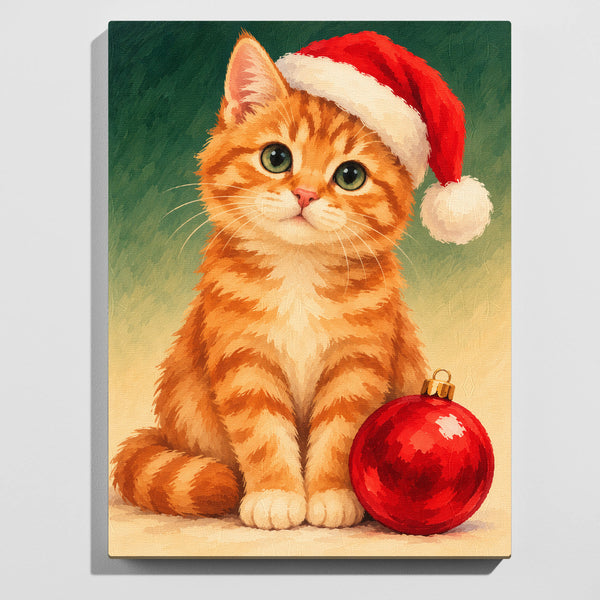 Christmas cat paint by numbers kit: finished painting of a ginger kitten in a Santa hat sitting beside a red Christmas bauble