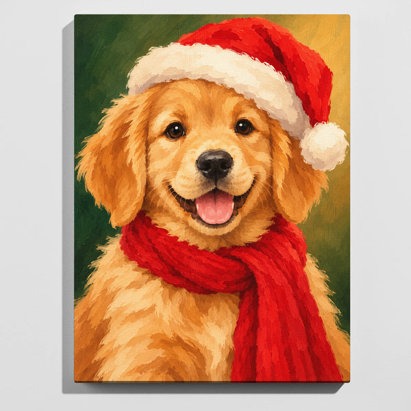Christmas golden retriever paint by numbers kit: finished painting of a golden retriever puppy in a Santa hat and red scarf
