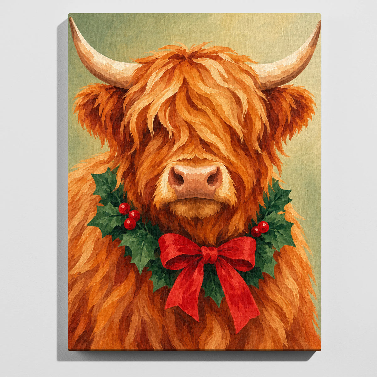 Christmas Highland cow paint by numbers kit: finished painting of a ginger Highland cow wearing a holly wreath and red bow