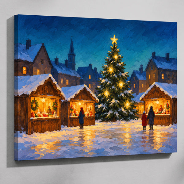 Christmas market paint by numbers kit: finished painting of wooden market stalls glowing around a lit Christmas tree on a snowy square at night