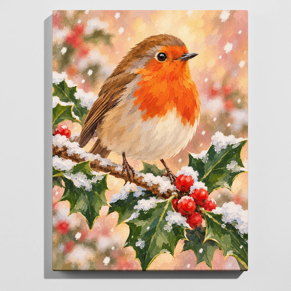 Christmas robin paint by numbers kit: finished painting of a robin on a snowy holly branch with red berries