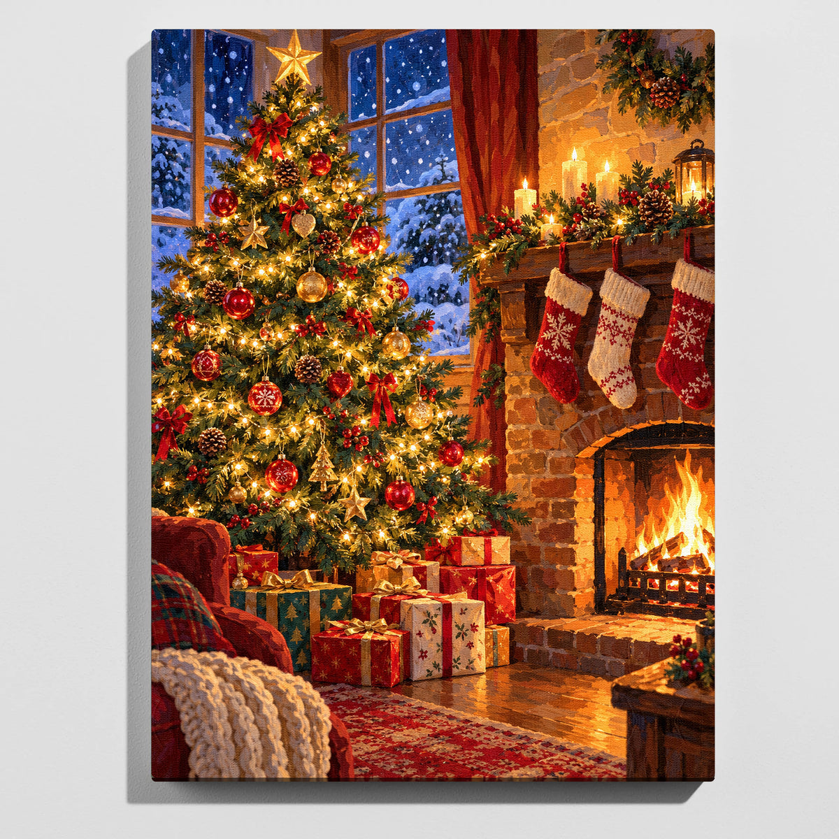 Christmas tree paint by numbers kit: finished painting of a decorated Christmas tree beside a lit fireplace with presents and stockings