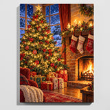 Christmas tree paint by numbers kit: finished painting of a decorated Christmas tree beside a lit fireplace with presents and stockings