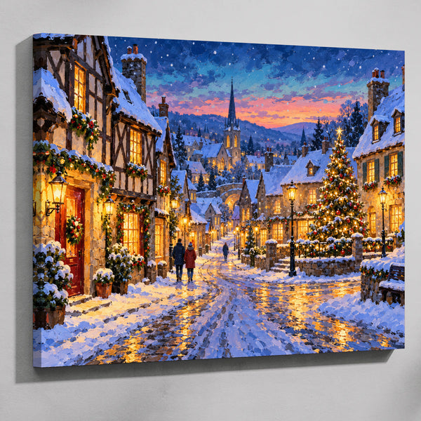 Christmas village paint by numbers kit: finished painting of a snowy village street at dusk with glowing windows and a lit Christmas tree
