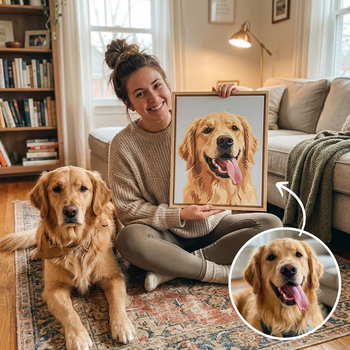 Customer photos of finished custom paint by numbers canvases, including pet and family portraits, displayed on walls and easels