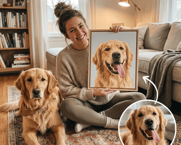 Custom paint by numbers kit from your photo, completed personalised pet portrait painting on canvas with smiling owner and golden retriever