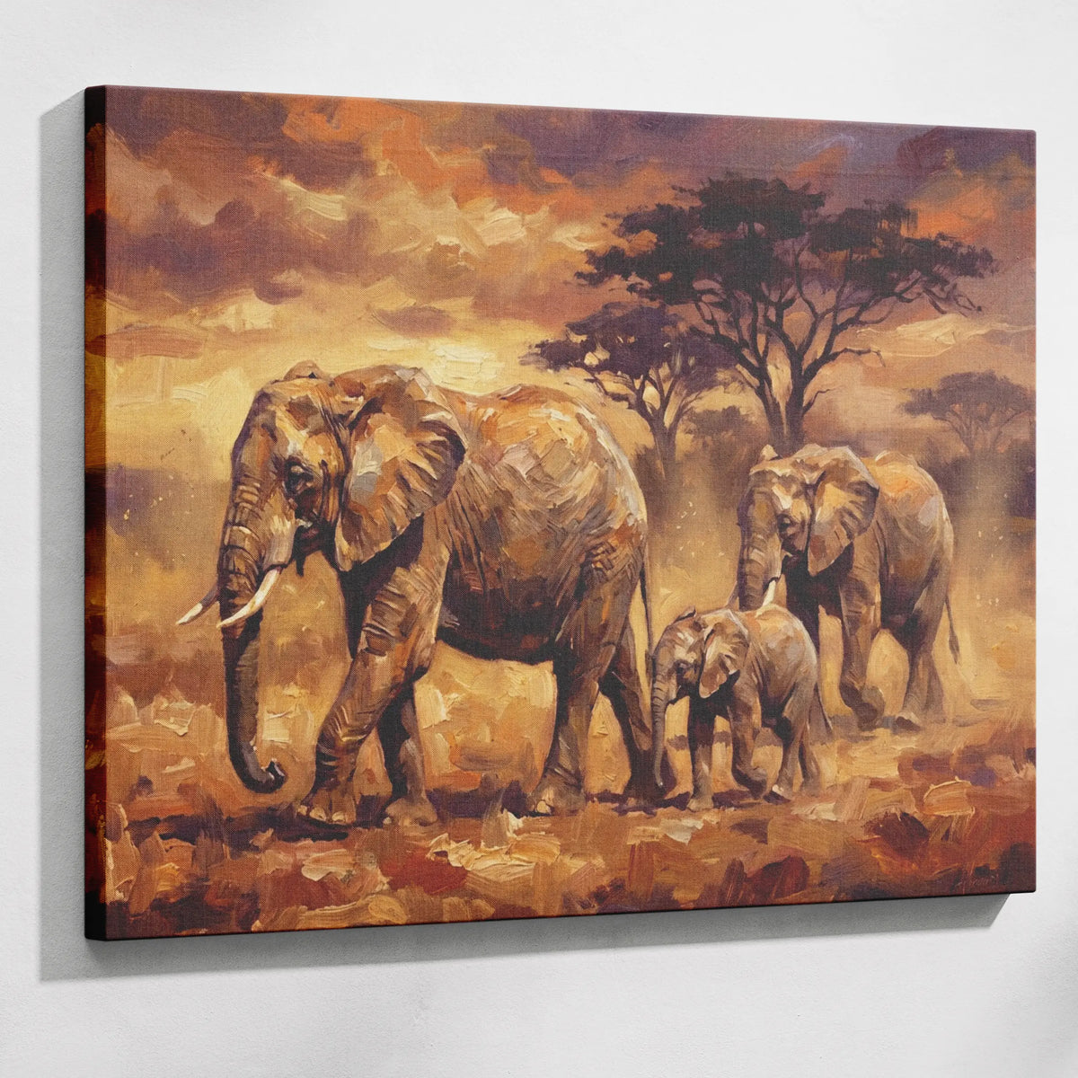 Elephant family paint by numbers kit — intermediate difficulty, mother and calf golden savanna scene wall art
