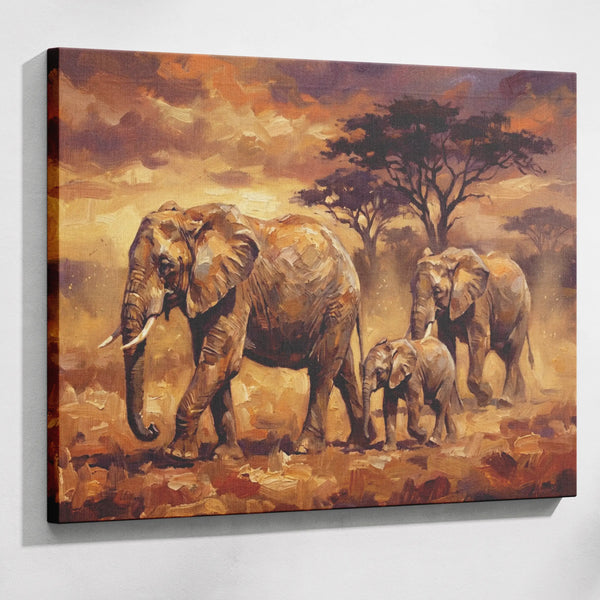 Elephant family paint by numbers kit — intermediate difficulty, mother and calf golden savanna scene wall art