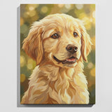 Golden retriever puppy paint by numbers kit — beginner friendly completed painting, fluffy golden dog wall art