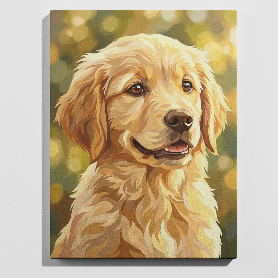Golden retriever puppy paint by numbers kit — beginner friendly completed painting, fluffy golden dog wall art