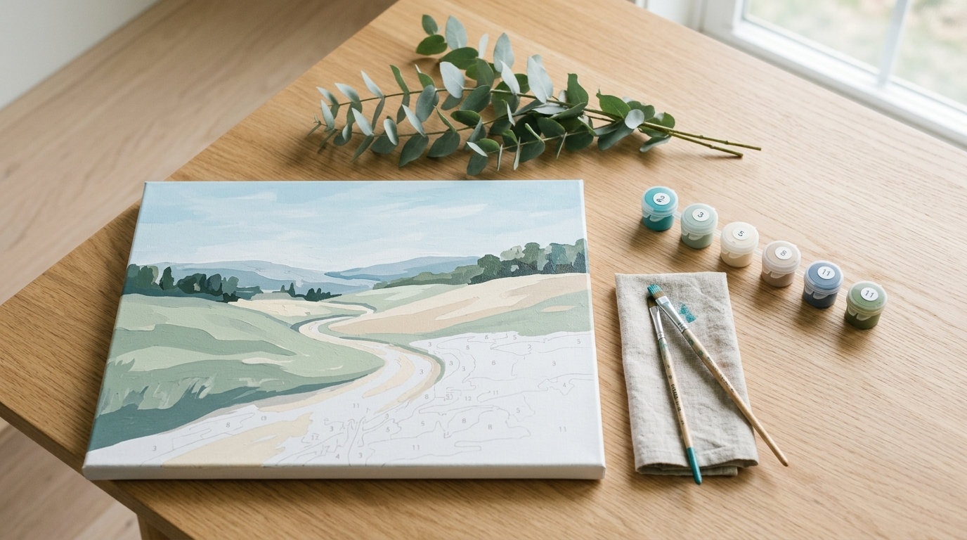 A calm paint by numbers landscape canvas of soft green hills on a wooden table with brushes, teal paint pots and a eucalyptus sprig, illustrating a relaxing painting setup